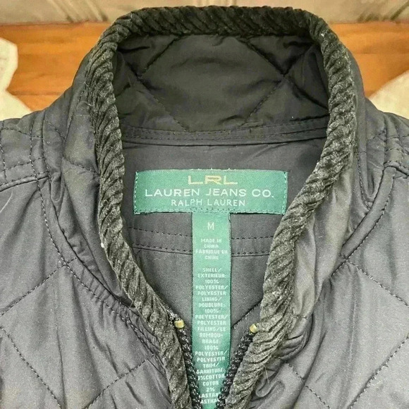 RALPH LAUREN black barn coat vest quilted corduroy trim zip closure pockets M - Picture 4 of 8